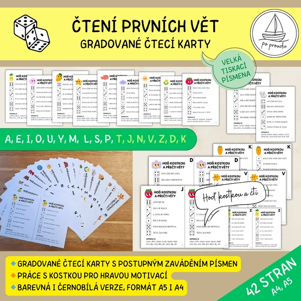 Čtení prvních vět - gradované čtecí karty (tiskací písmo)