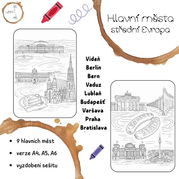 Hlavní města střední Evropa - omalovánky