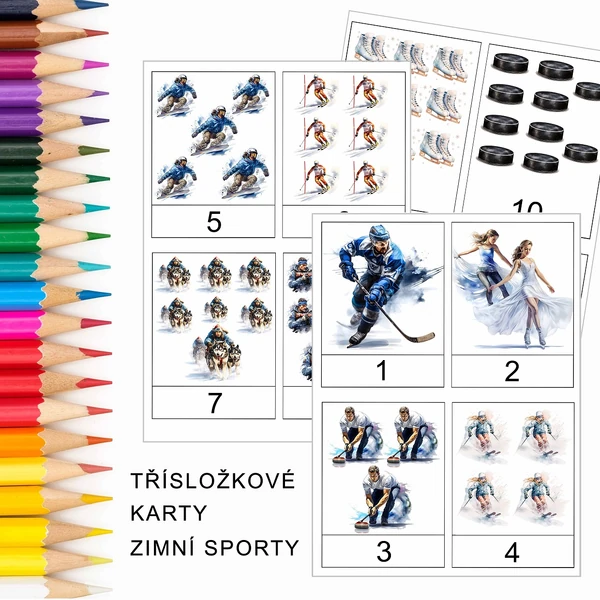 POČÍTÁNÍ 1-10 ZIMNÍ SPORTY TŘÍSLOŽKOVÉ KARTY