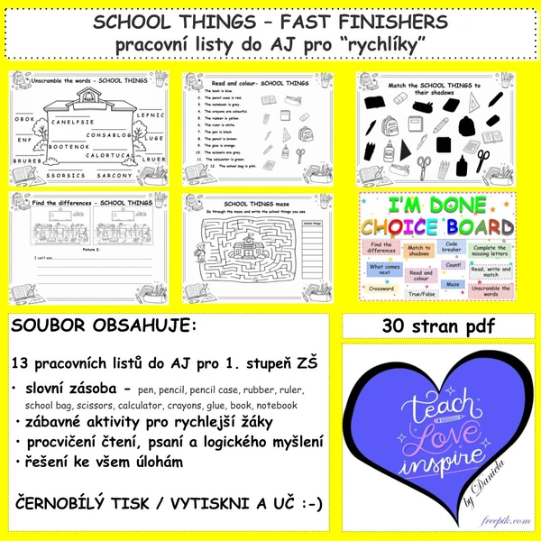 SCHOOL THINGS – FAST FINISHERS (Worksheets)