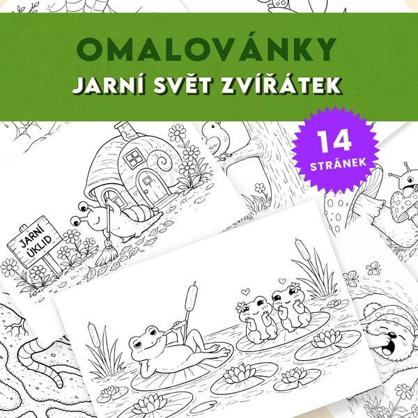Jarní svět zvířátek - sada 14 omalovánek