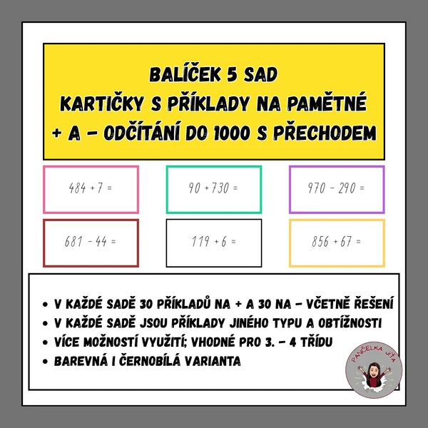 Kartičky s příklady na sčítání a odčítání do 1000 s přechodem - balíček 5 sad