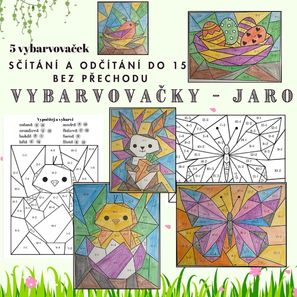 Jarní vybarvovačky - sčítání a odčítání do 15 bez přechodu