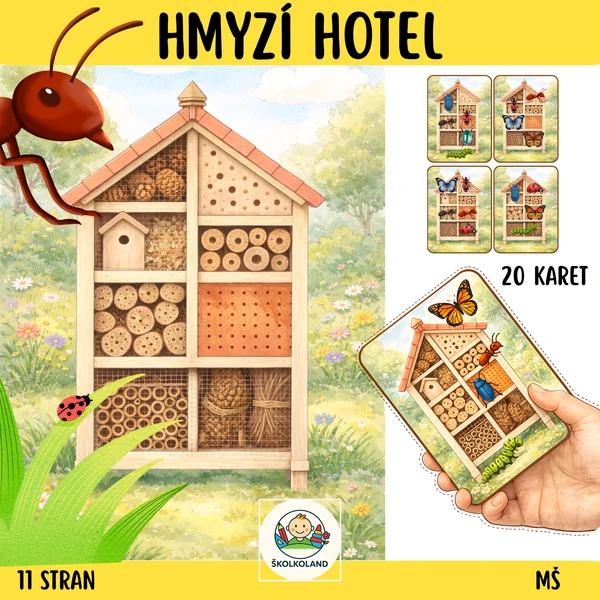 Hmyzí hotel – zraková a prostorová orientace (20 vzorových karet pro děti MŠ, jaro)