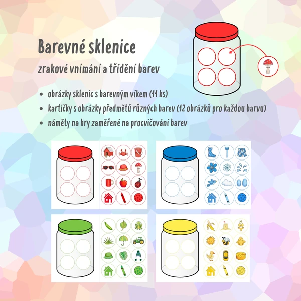 Barevné sklenice - zrakové vnímání a třídění barev (MŠ a 1. stupeň ZŠ)