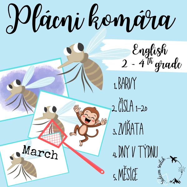 Plácni komára - slovní zásoba (barvy, čísla 1-20, zvířata, dny v týdnu, měsíce)