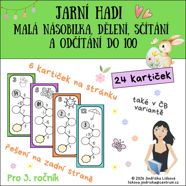 Jarní hadi - Malá násobilka, dělení, sčítání a odčítání do 100