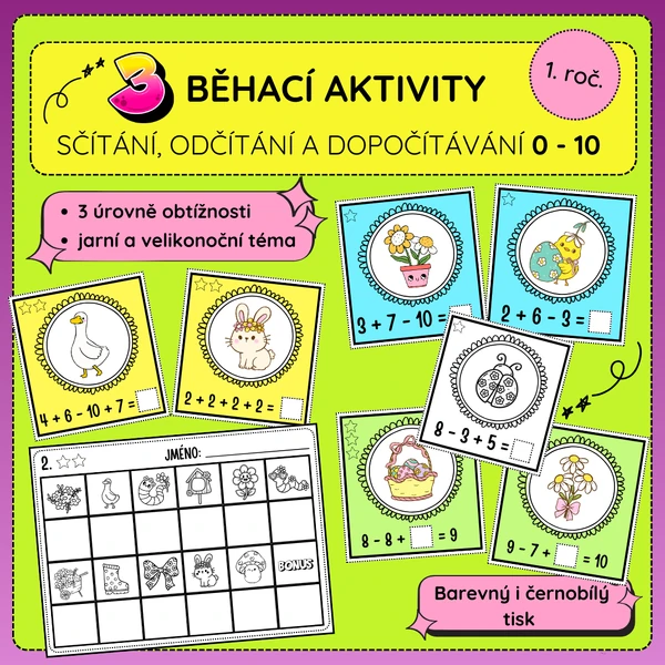 3 běhací aktivity - sčítání, odčítání a dopočítávání 0-10