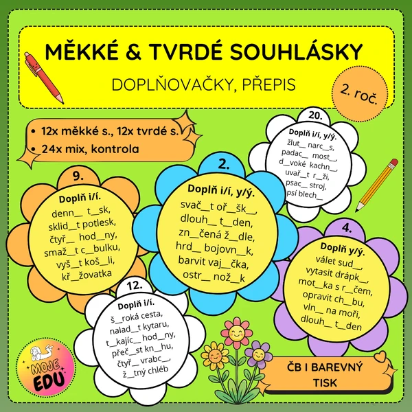 Měkké a tvrdé souhlásky - doplňovačky, přepis