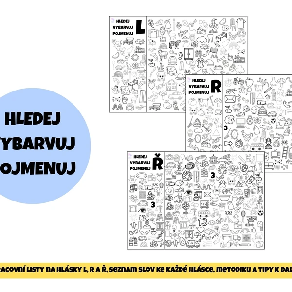 Hledej, vybarvuj, pojmenuj - hlásky L, R, Ř
