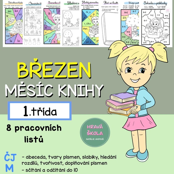 BŘEZEN - MĚSÍC KNIHY - ČJ + M - 1. TŘÍDA - 8 PL + řešení