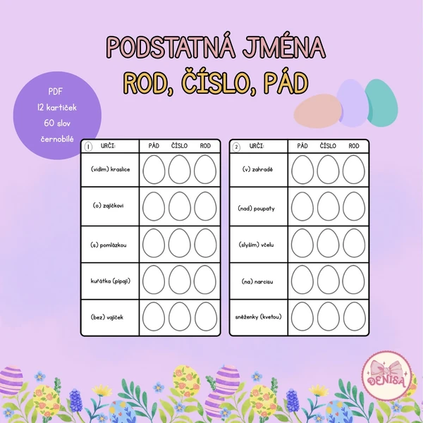 Velikonoční kartičky, podstatná jména - rod, číslo, pád