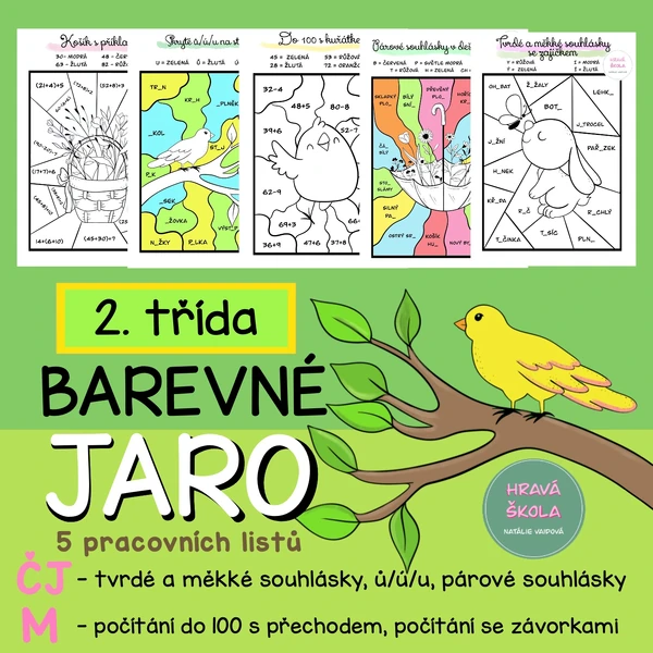 JARO- VYBARVOVAČKY ČJ + M - 2. TŘÍDA - 5 pracovních listů + řešení
