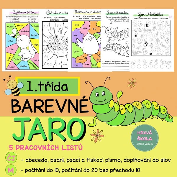 JARO- VYBARVOVAČKY ČJ + M - 1. TŘÍDA - 5 pracovních listů + řešení
