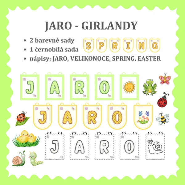 Jaro - girlandy (2 barevné sady, 1 černobílá, nápisy v CZ a AJ)