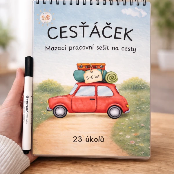 CESŤÁČEK – MAZACÍ PRACOVNÍ SEŠIT NA CESTY (PDF, 5–6 let, 23 aktivit)