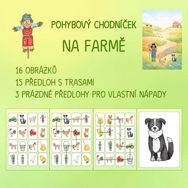 NA FARMĚ - pohybový chodníček pro MŠ a 1. stupeň ZŠ (15 tras, 16 obrázků, 3 šablony)