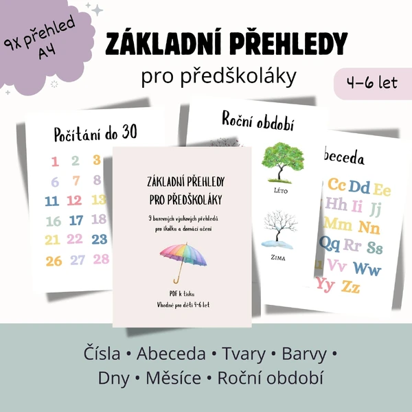 Základní přehledy pro předškoláky – 9 výukových přehledů (A4)