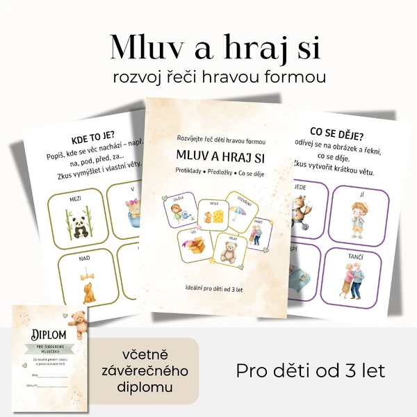 Mluv a hraj si – kartičky pro rozvoj řeči (protiklady, předložky, činnosti)