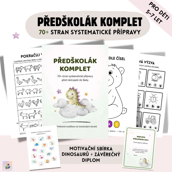 PŘEDŠKOLÁK KOMPLET – 70+ stran systematické přípravy do školy (16 okruhů + diplom)