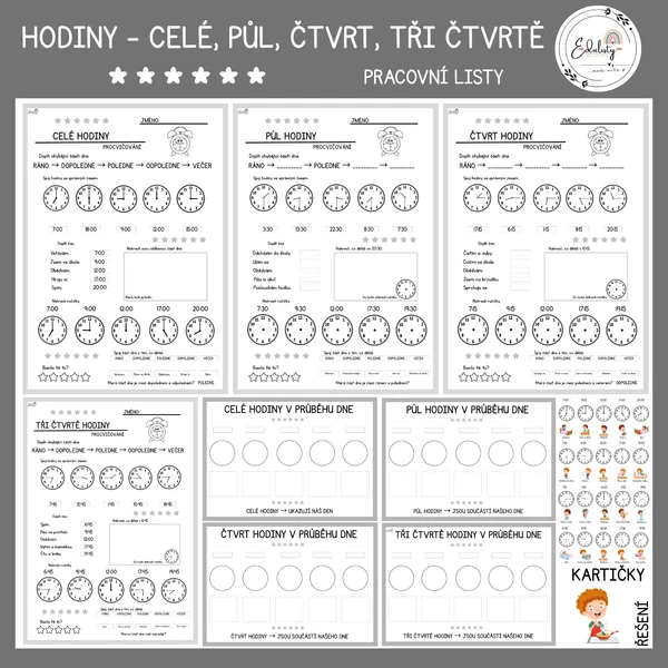 Hodiny – pracovní listy (celé, půl, čtvrt a tři čtvrtě hodiny)