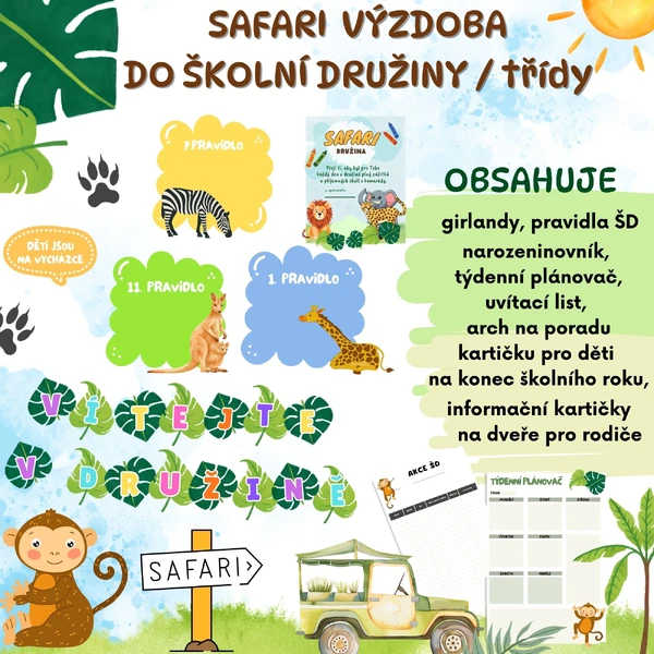 SAFARI VÝZDOBA do školní družiny - pravidla, narozeninovník, uvítací list...