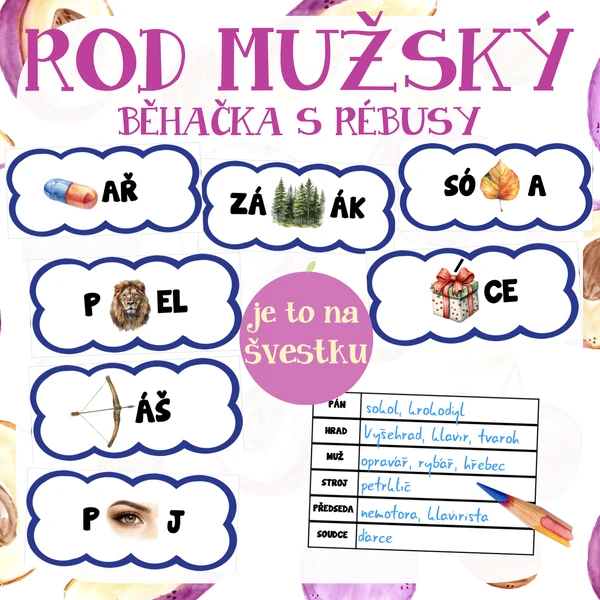 Rod mužský - běhačka s rébusy - vzory rodu mužského 