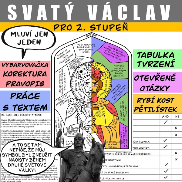 SVATÝ VÁCLAV - PRÁCE S TEXTEM + VYBARVOVAČKA (PRAVOPIS/KOREKTURA) - 2. STUPEŇ