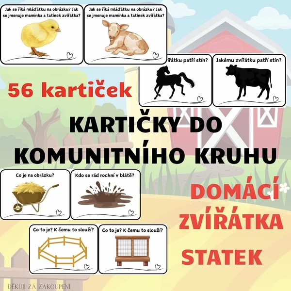 DOMÁCÍ ZVÍŘÁTKA- 56 barevných kartiček do komunitního kruhu