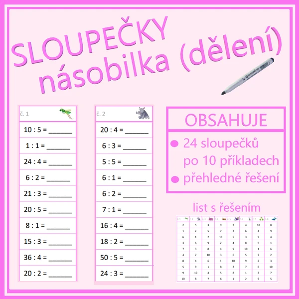 Sloupečky - násobilka - dělení (násobilkové dělení, dělilka)