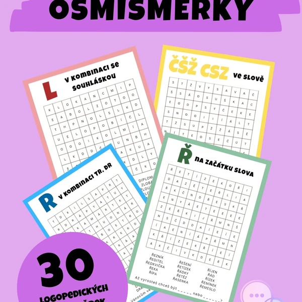 Sada logopedických osmisměrek - hlásky CSZ a ČŠŽ, L, R, Ř