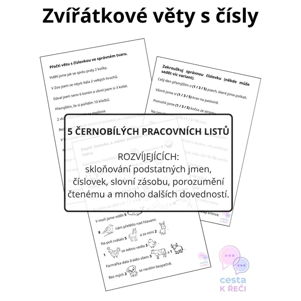Zvířátkové věty s čísly - nácvik skloňování číslovek a podstatných jmen 