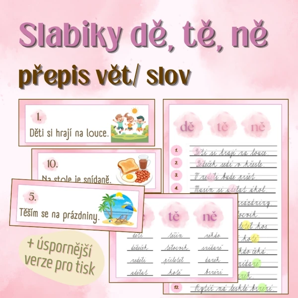Slabiky dě, tě, ně - přepis slov/vět
