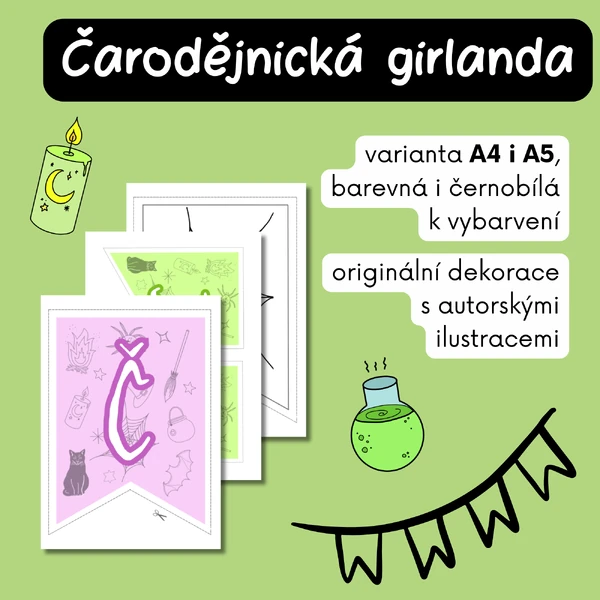 Čarodějnice - Girlanda - černobílá a barevná