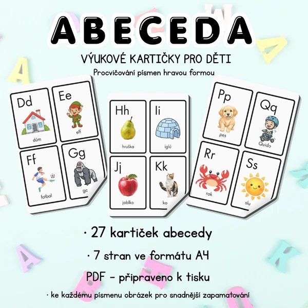 Abeceda pro děti – kartičky s obrázky (27 kartiček / 7 stran PDF)
