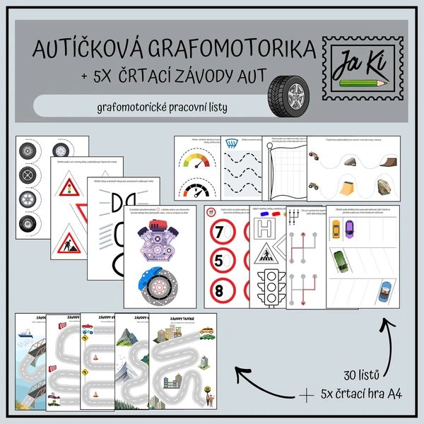 Autíčková grafomotorika + 5 črtacích závodů aut