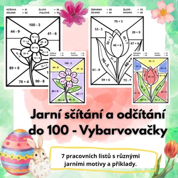 Jarní sčítání a odčítání do 100 - Vybarvovačky