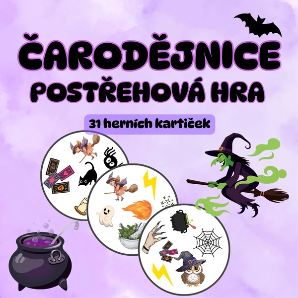 Čarodějnice - postřehová hra (31 herních kartiček)