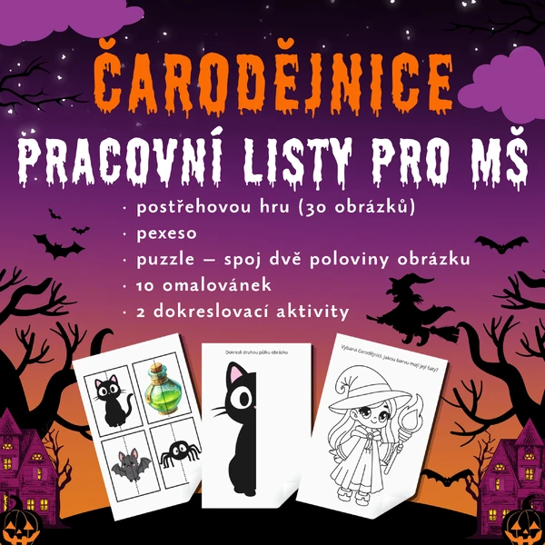 Čarodějnice – soubor aktivit pro MŠ (postřehovka, pexeso, puzzle, omalovánky)