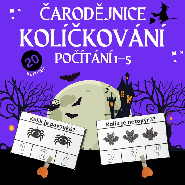 Čarodějnice – kolíčkování (počítání 1–5) pro MŠ
