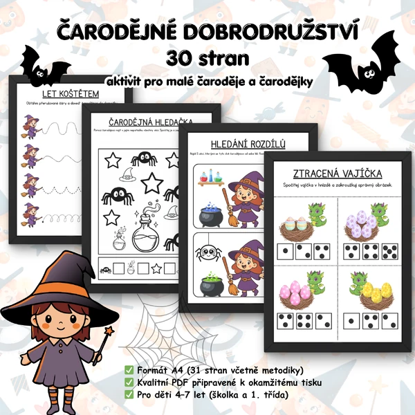 Čarodějné dobrodružství: 30 pracovních listů pro předškoláky a 1. třídu