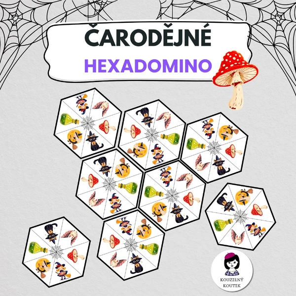 Čarodějné hexadomino | hexagon skládačka | Puzzle | Pálení čarodějnic | Dušičky | Halloween