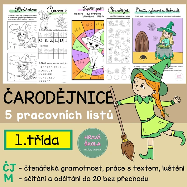 ČARODĚJNICE, PÁLENÍ ČARODĚJNIC - VYBARVOVAČKY ČJ + M - 1. TŘÍDA - 5 PL + řešení