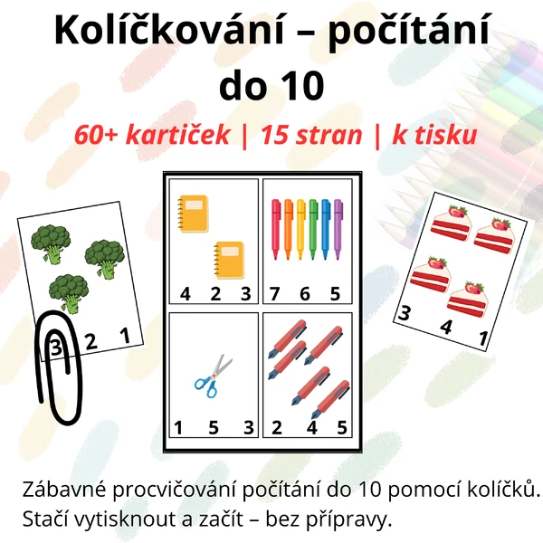Kolíčkování počítání do 10 – 60+ kartiček k tisku