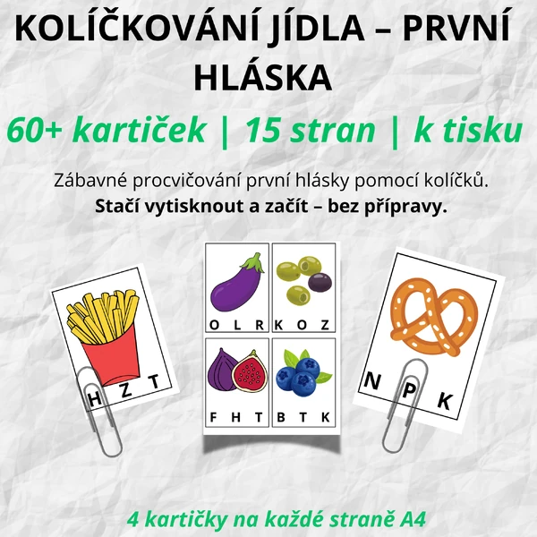 Kolíčkování jídlo – první hláska (60+ kartiček)