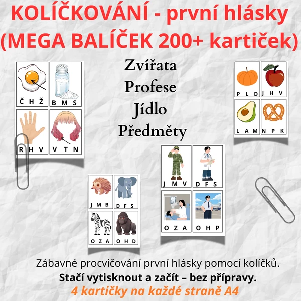 Kolíčkování - první hlásky (MEGA BALÍČEK 200+ kartiček)