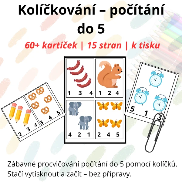 Kolíčkování počítání do 5 – 60+ kartiček k tisku