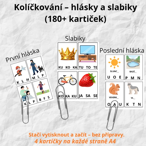 Kolíčkovaní MEGA BALÍČEK – hlásky a slabiky (180+ kartiček)