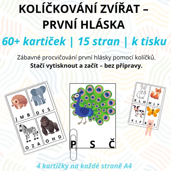 Kolíčkování zvířat - první hláska - (60+ kartiček)