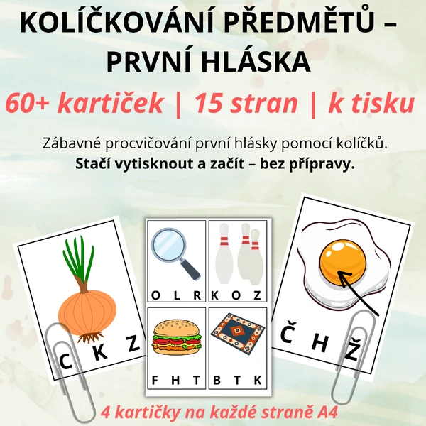 Kolíčkování předmětů první hláska - (60+ kartiček)